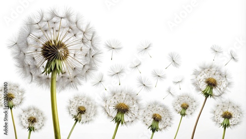 Dandelions and dandelion seeds on white background