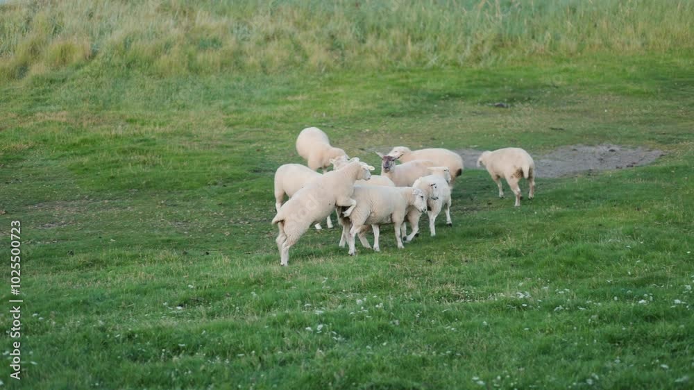 Sheep grazing peacefully in a lush green field on a sunny afternoon in rural countryside Sheep grazing peacefully in a lush green field on a sunny afternoon in rural countryside
