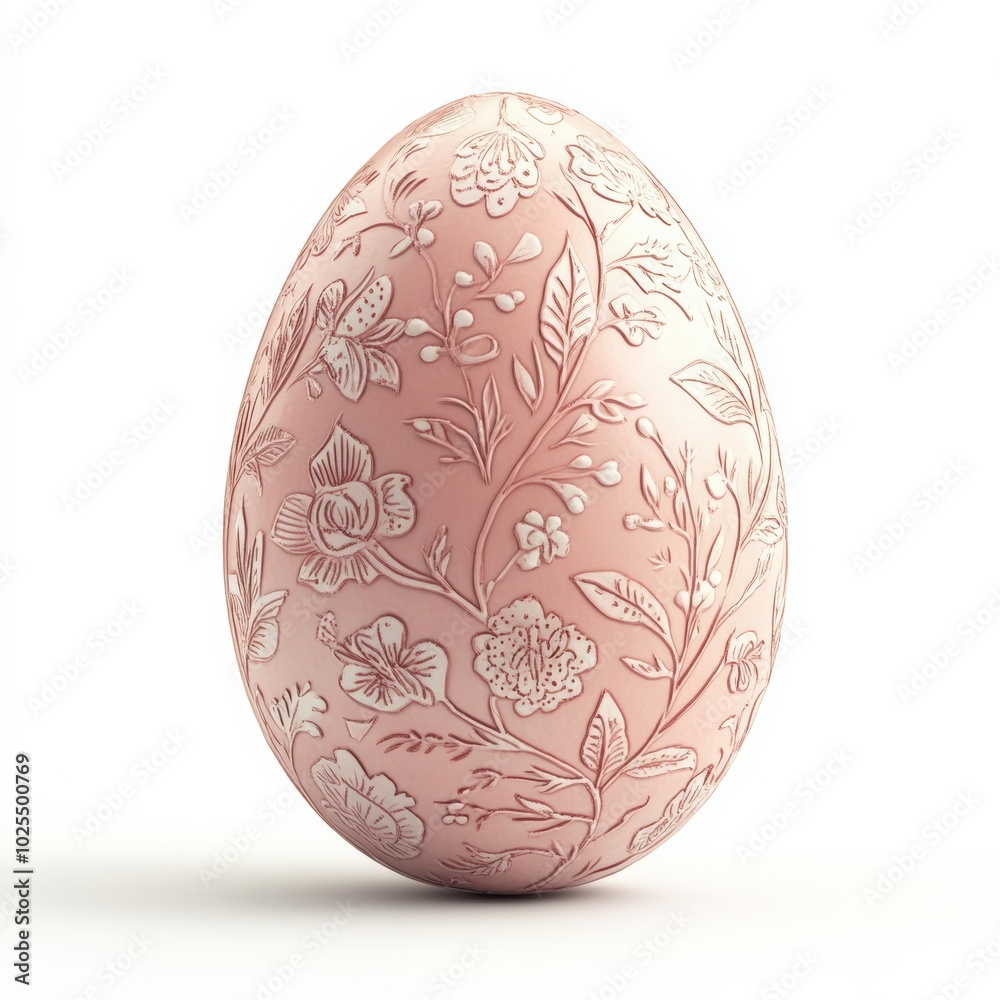 Fototapeta premium A soft pink Easter egg with delicate floral patterns, isolated on a white background with subtle shadows