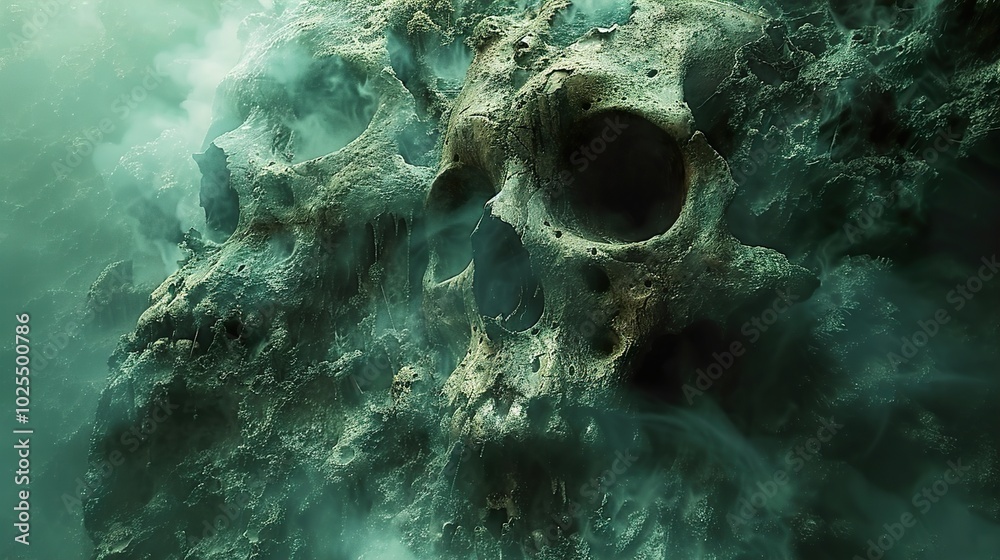 Eerie Skull Emerging from Fog: A Haunting Digital Artwork Eerie Skull Emerging from Fog: A Haunting Digital Artwork