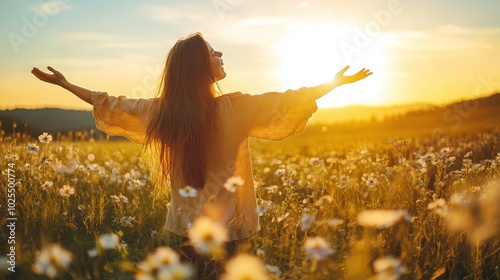 Woman with arms outstretched in a field of wildflowers at sunset