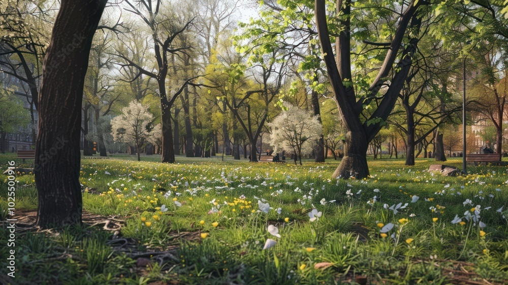 Springtime Park Scene with Lush Green Grass and Blooming Flowers Springtime Park Scene with Lush Green Grass and Blooming Flowers