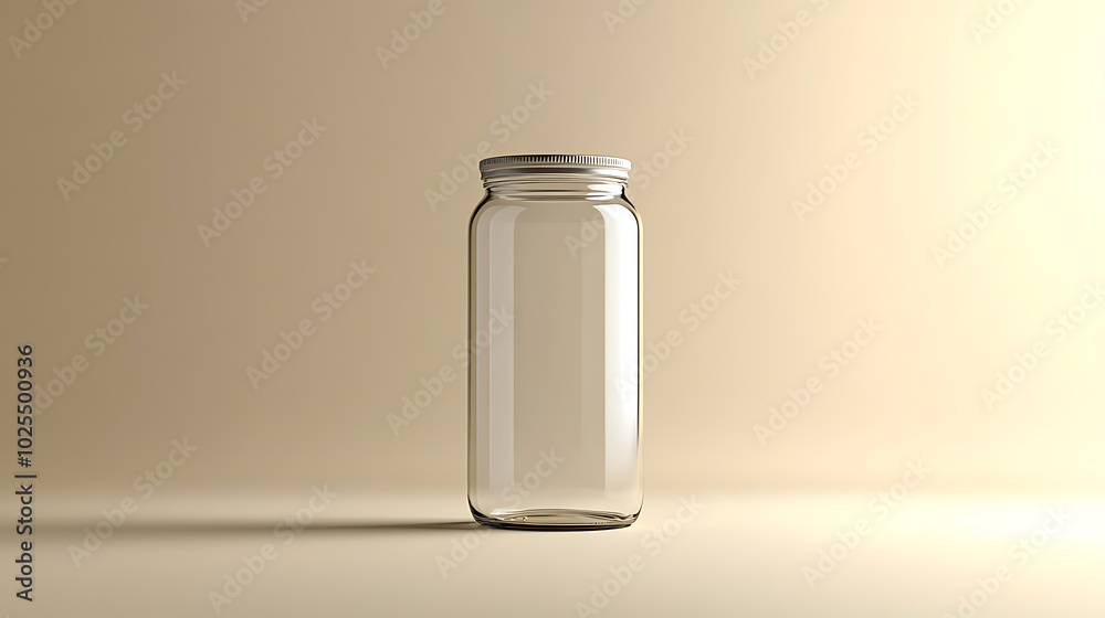 A clear glass jar with a silver lid stands alone against a soft beige background. A clear glass jar with a silver lid stands alone against a soft beige background.