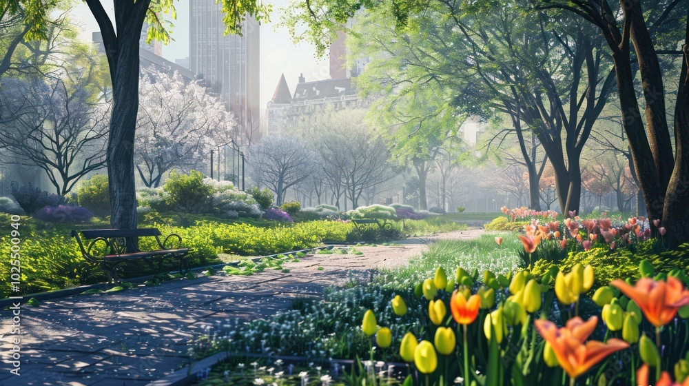 Fototapeta premium A Sunny Stroll Through a City Park With Tulips and a Bench