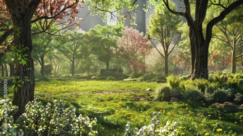 A Sunlit Forest Clearing with Blooming Flowers and Lush Greenery