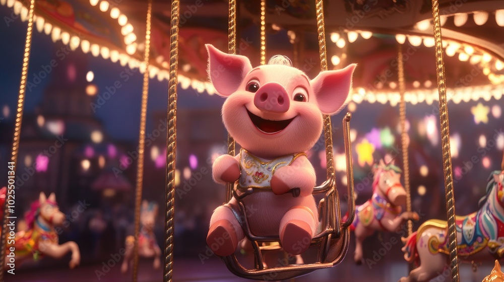 Naklejka premium A happy cartoon pig riding a carousel in an amusement park, surrounded by colorful lights and joyful atmosphere.