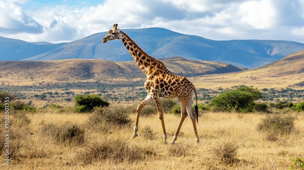 Fototapeta premium Majestic Giraffe Walking in Serene Landscape
