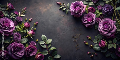 Fototapeta Naklejka Na Ścianę i Meble -  Dark and moody floral background with purple roses and vines