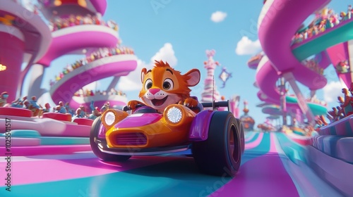 A playful 3D tiger driving a race car in a high-speed race, surrounded by colorful race tracks and cheering fans.