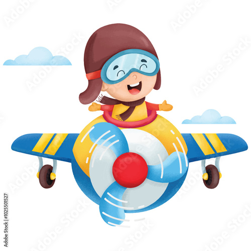 Happy kids fly with airplane