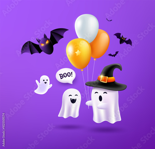 Halloween Ghost wearing a purple hat holding a balloon, bat flying poster design purple background, Eps 10 vector illustration photo