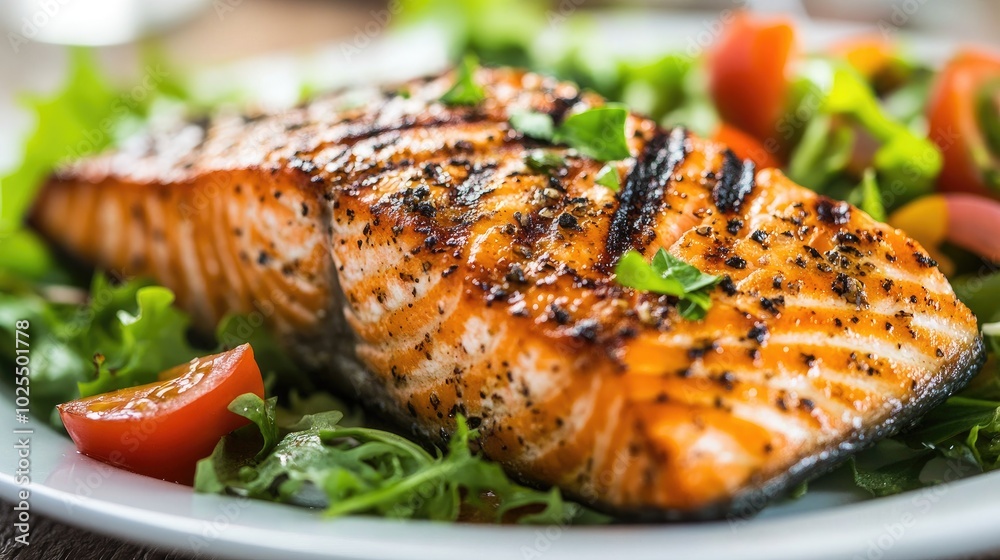 Grilled Salmon on Fresh Salad Plate Grilled Salmon on Fresh Salad Plate