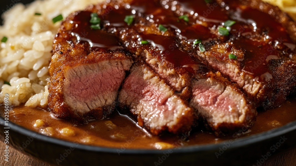 Deliciously Cooked Steak with Sauce and Rice