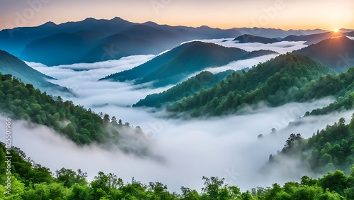 Sunrise Over Foggy Mountain Ranges