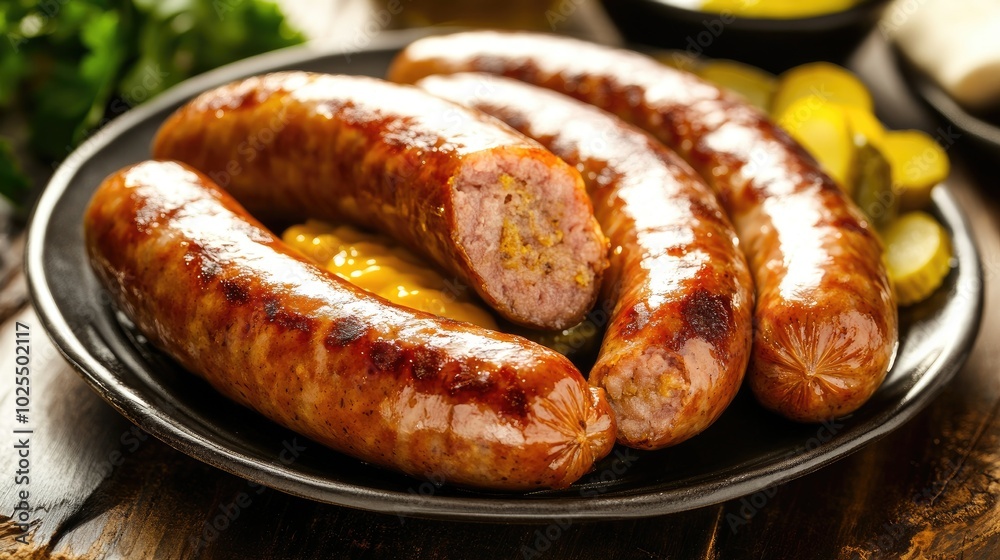 Grilled Sausages Served on a Black Plate