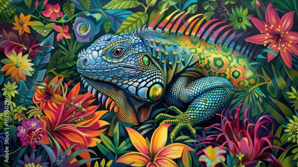 Obraz premium Vibrant Green Iguana Camouflaged in a Lush Tropical Rainforest