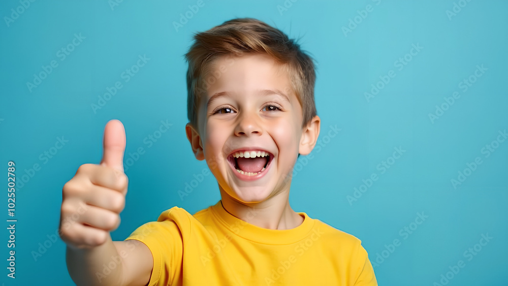 Little kid boy caucasian smile happy wearing yellow shirt on blue background Strong smart and funny little boy Excited wow hand up young student's joyful moment Little kid boy caucasian smile happy wearing yellow shirt on blue background Strong smart and funny little boy Excited wow hand up young student's joyful moment