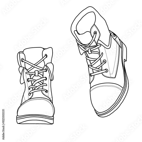 Women’s Lace Up Combat Boots Low Heel Winter Ankle Booties Shoes Line art, Technical sketch hand drawing outline vector doodle illustration front and side 3d isometric view isolated on white 