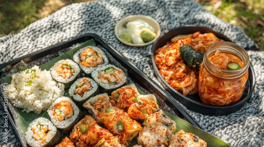 Fresh Sushi and Kimchi Picnic in Nature Fresh Sushi and Kimchi Picnic in Nature