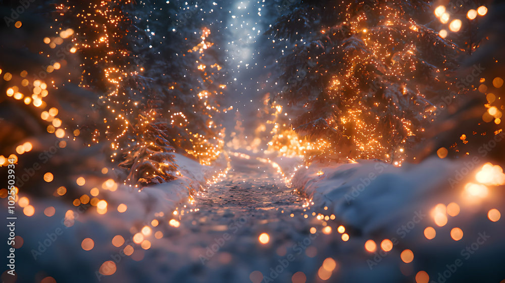 Enchanting Winter Forest with Snow-Covered Trees and Twinkling Fairy Lights Creating a Magical Christmas Atmosphere Enchanting Winter Forest with Snow-Covered Trees and Twinkling Fairy Lights Creating a Magical Christmas Atmosphere