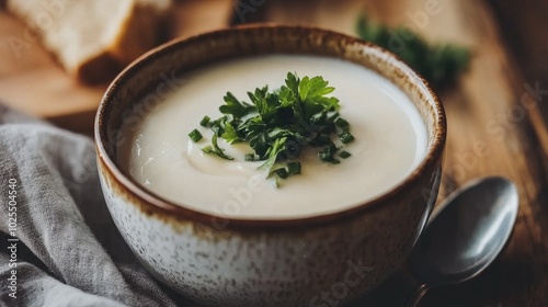 Creamy Soup with Fresh Herbs in Rustic Bowl