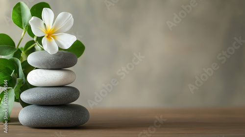 A stack of smooth stones topped with a single flower showcases a peaceful composition aimed at promoting mental health and mindfulness in a tranquil indoor space, copy space