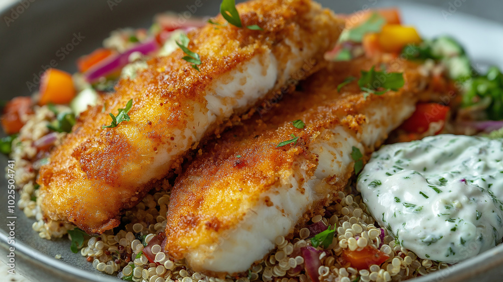 Crispy fish fillets placed on a bed of quinoa salad with a side of tzatziki sauce Crispy fish fillets placed on a bed of quinoa salad with a side of tzatziki sauce