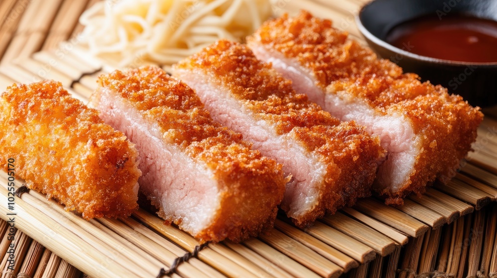 Golden Crispy Breaded Pork Cutlet on Bamboo Mat Golden Crispy Breaded Pork Cutlet on Bamboo Mat