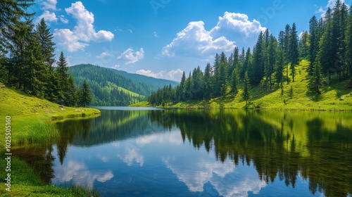 Serene Mountain Lake with Lush Green Forested Hills and a Clear Blue Sky