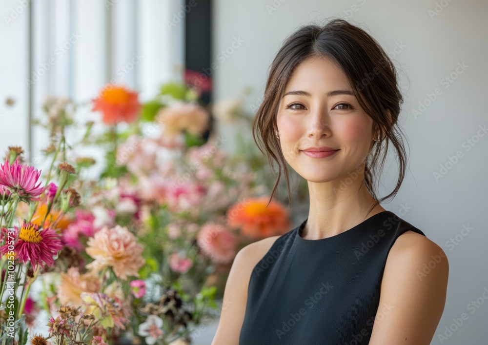 Graceful woman and her radiant floral bouquet. Graceful woman and her radiant floral bouquet.