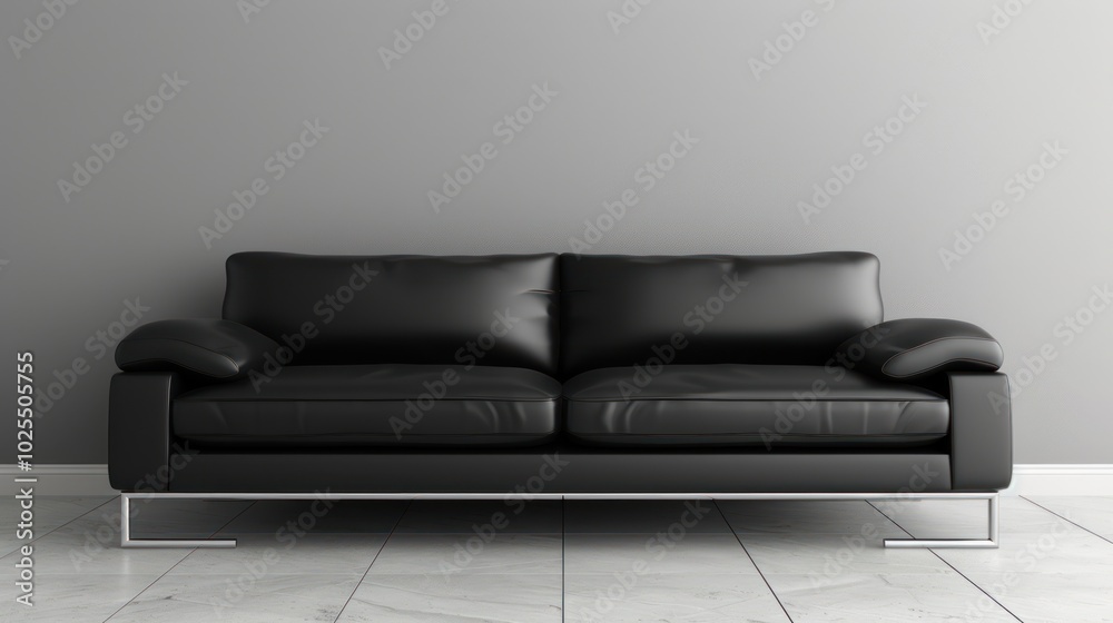 Black Leather Sofa with Chrome Legs in Minimalist Interior Black Leather Sofa with Chrome Legs in Minimalist Interior