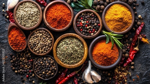 Colorful Array of Spices in Rustic Bowls