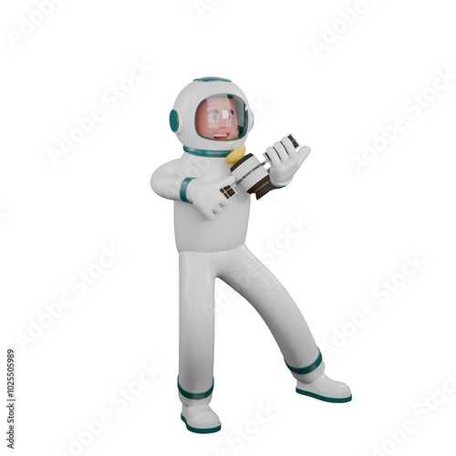 3D Model of Male Astronaut. A male astronaut stands holding a miniature satellite with both hands. Professional Space Traveler photo