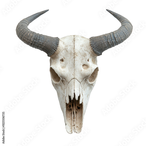 Animal skull with horns prominently displayed on transparent background, showcasing intricate details and textures. This striking piece evokes sense of natures raw beauty and mysteries of wildlife