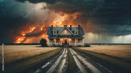 Hurricane and fire destroying country house