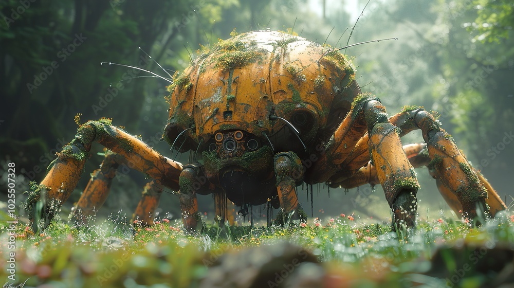 Futuristic Robot Spider in a Lush Forest Futuristic Robot Spider in a Lush Forest