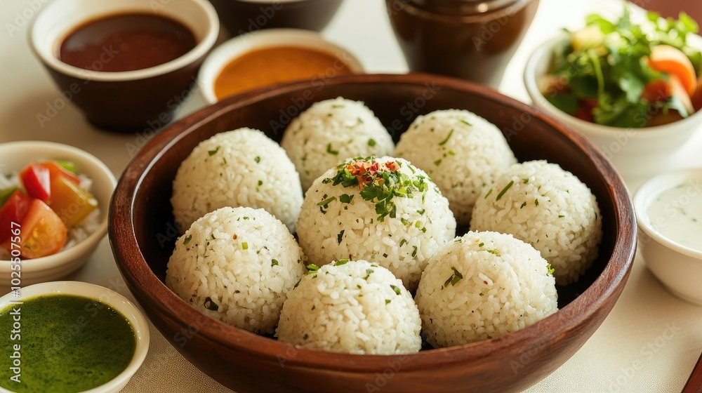 Delicious Rice Balls Served with Fresh Sides Delicious Rice Balls Served with Fresh Sides