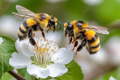 Bee and bumblebee flying between apricot blossoms, their paths crossing in the air as they work in harmony to pollinate the orchard