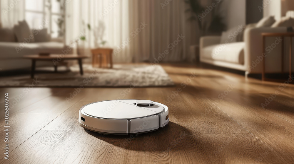 robot vacuum cleaner navigating around furniture on polished wooden floor, showcasing modern home technology and convenience. warm lighting enhances cozy atmosphere of living space robot vacuum cleaner navigating around furniture on polished wooden floor, showcasing modern home technology and convenience. warm lighting enhances cozy atmosphere of living space