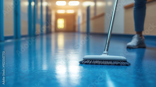 Wallpaper Mural janitor is mopping clean hospital corridor, creating serene atmosphere with soft ambient light. polished floor reflects gentle glow, enhancing tranquil environment Torontodigital.ca
