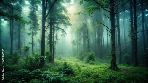 Dark forest with deep shade of mist and green with faint sunlight in background Wide-Angle