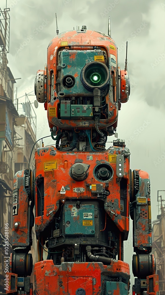 Rusty Robot in a Cyberpunk City: A Digital Art Illustration Rusty Robot in a Cyberpunk City: A Digital Art Illustration