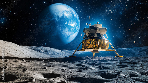 lunar landscape with golden spacecraft and blue planet in the night sky