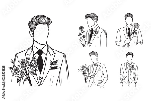 Elegant man in wedding attire, illustrated in line art with a rose flower