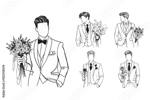 Hand-drawn clipart showcasing an elegant man at a wedding with a rose flower