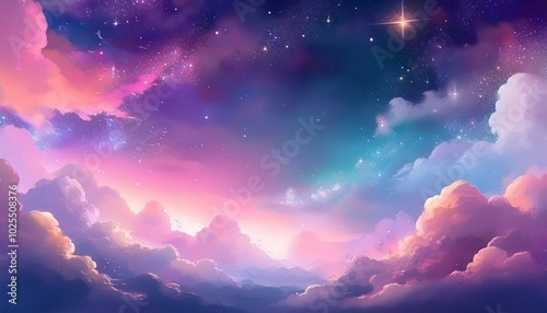 星空、雲、夜空、幻想的、ファンタジー、星、宇宙、輝き、夢、神秘的、カラフル、夕焼け、夜明け、ピンク、紫、風景、アート、スピリチュアル、美しい