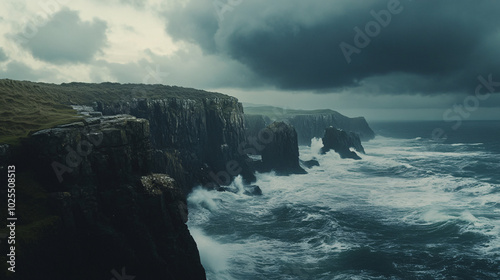 dramatic dark gray cliffs with dramatic waves crashing on the irish coast under a moody storm sky