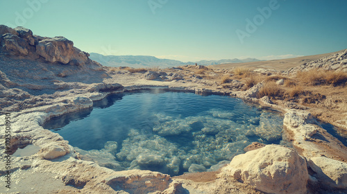 clear blue water pool oasis in desert landscape under bright sunny sky