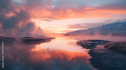 pink and blue sunset over foggy iceland river landscape with mountains in the background