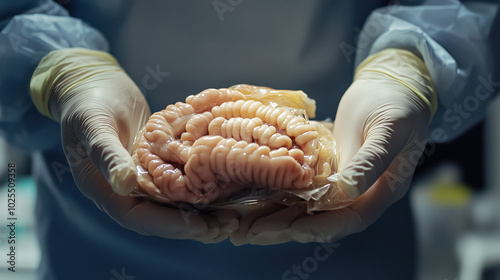 Expert Surgeon Holding a Realistic Human Digestive System Anatomy Model with Gloved Hands in a Serene Hospital Setting photo